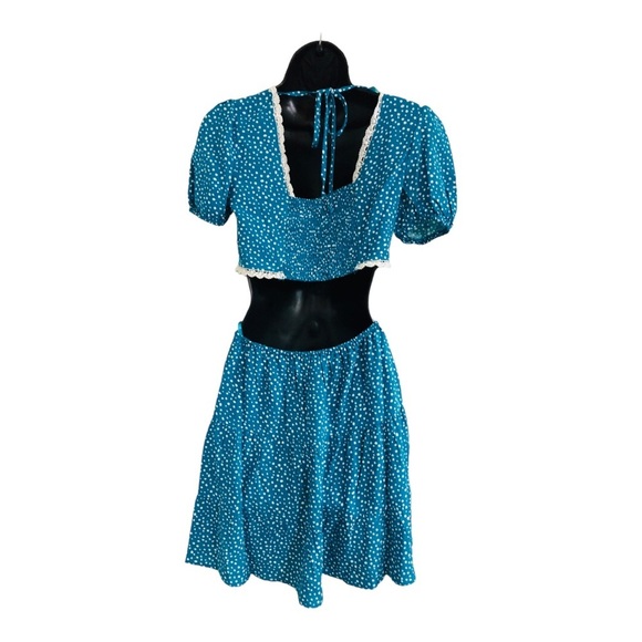 Puff sleeve crochet lace trim open back waist cutout blue teal short dress sizeM - Picture 13 of 14